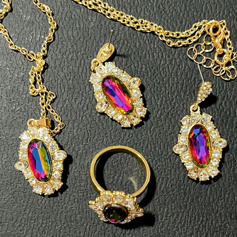 Vermeil Gold Set with Multicolor Stones. Ring, earrings & pendant necklace 20” - Picture 4 of 4